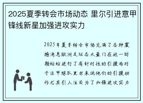 2025夏季转会市场动态 里尔引进意甲锋线新星加强进攻实力 2025夏季转会市场动态 里尔引进意甲锋线新星加强进攻实力